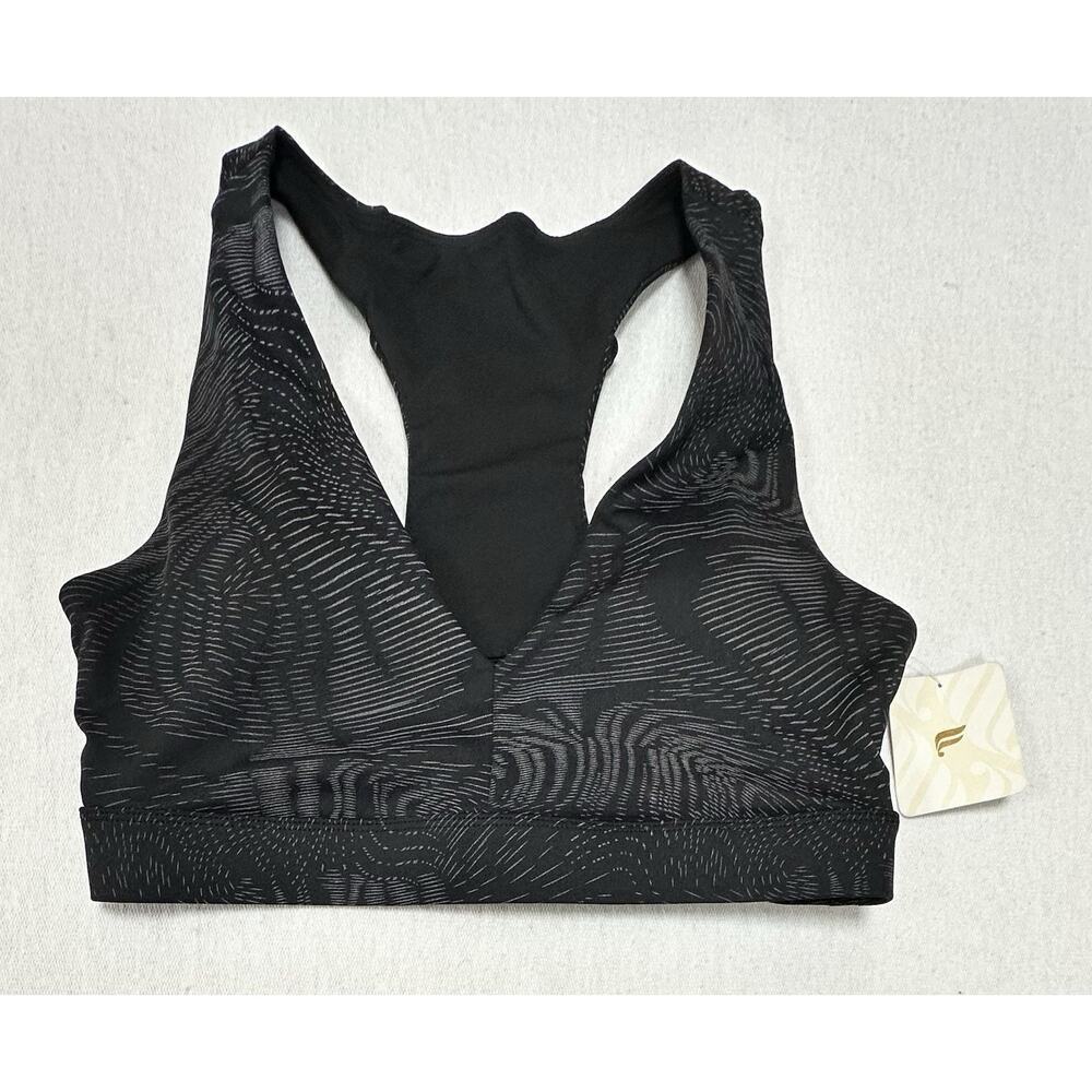 Fabletics On The Go Medium Impact Sports Bra Size Med NWT Black Patterned Yoga